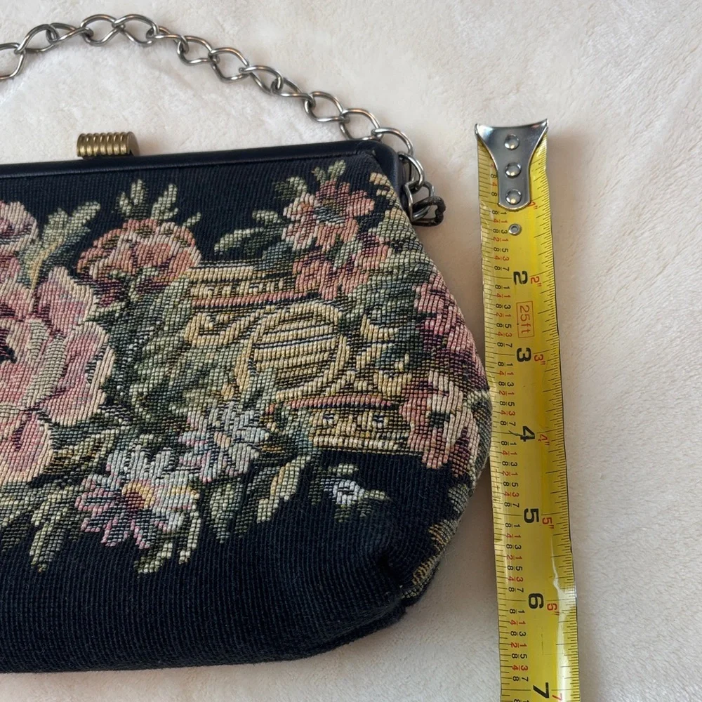 Vintage Needlepoint Floral Tapestry Evening Bag - Black and Pink w/gold hardware